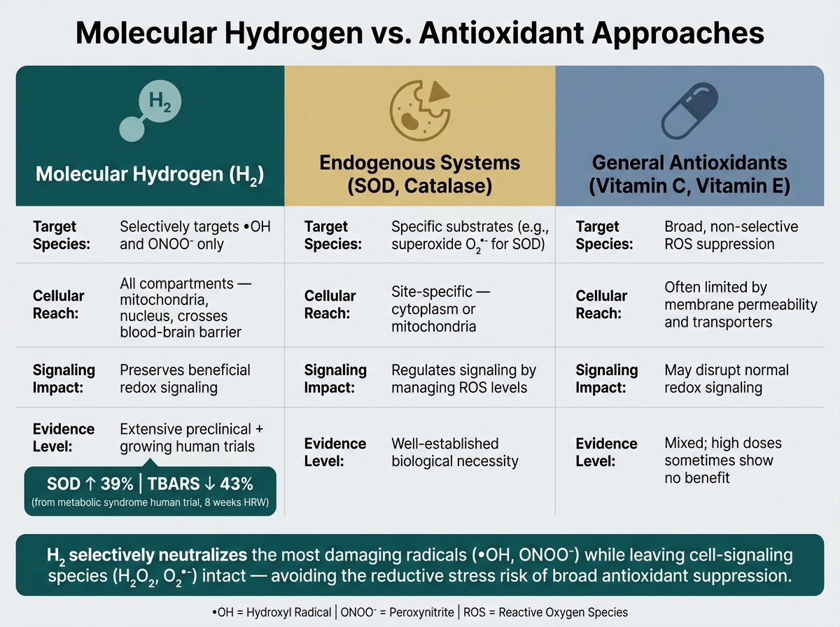 Molecular Hydrogen vs. General Antioxidants: How H₂ Targets Oxidative Stress