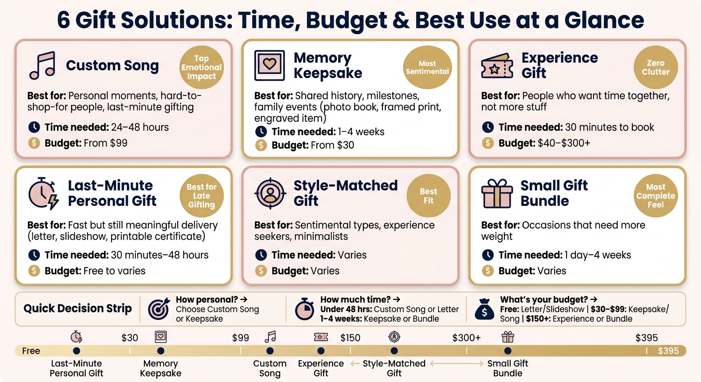 6 Gift Solutions: Time, Budget & Best Use at a Glance