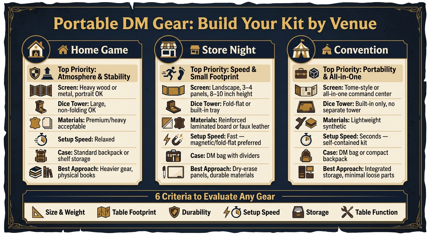 Portable DM Gear: 6 Criteria Checklist by Venue