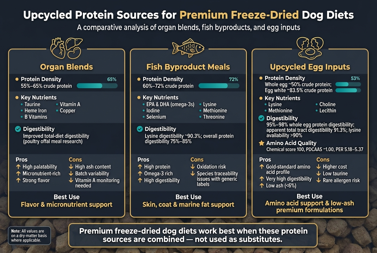 Upcycled Protein Sources for Premium Dog Food: Organ Blends vs Fish Meal vs Egg Inputs