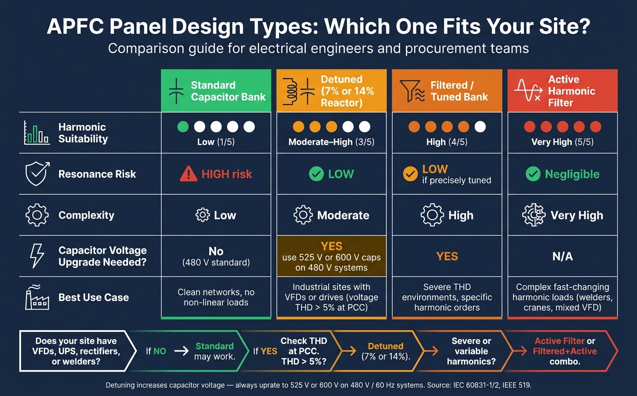 APFC Panel Design Types: Standard vs. Detuned vs. Filtered vs. Active Filter