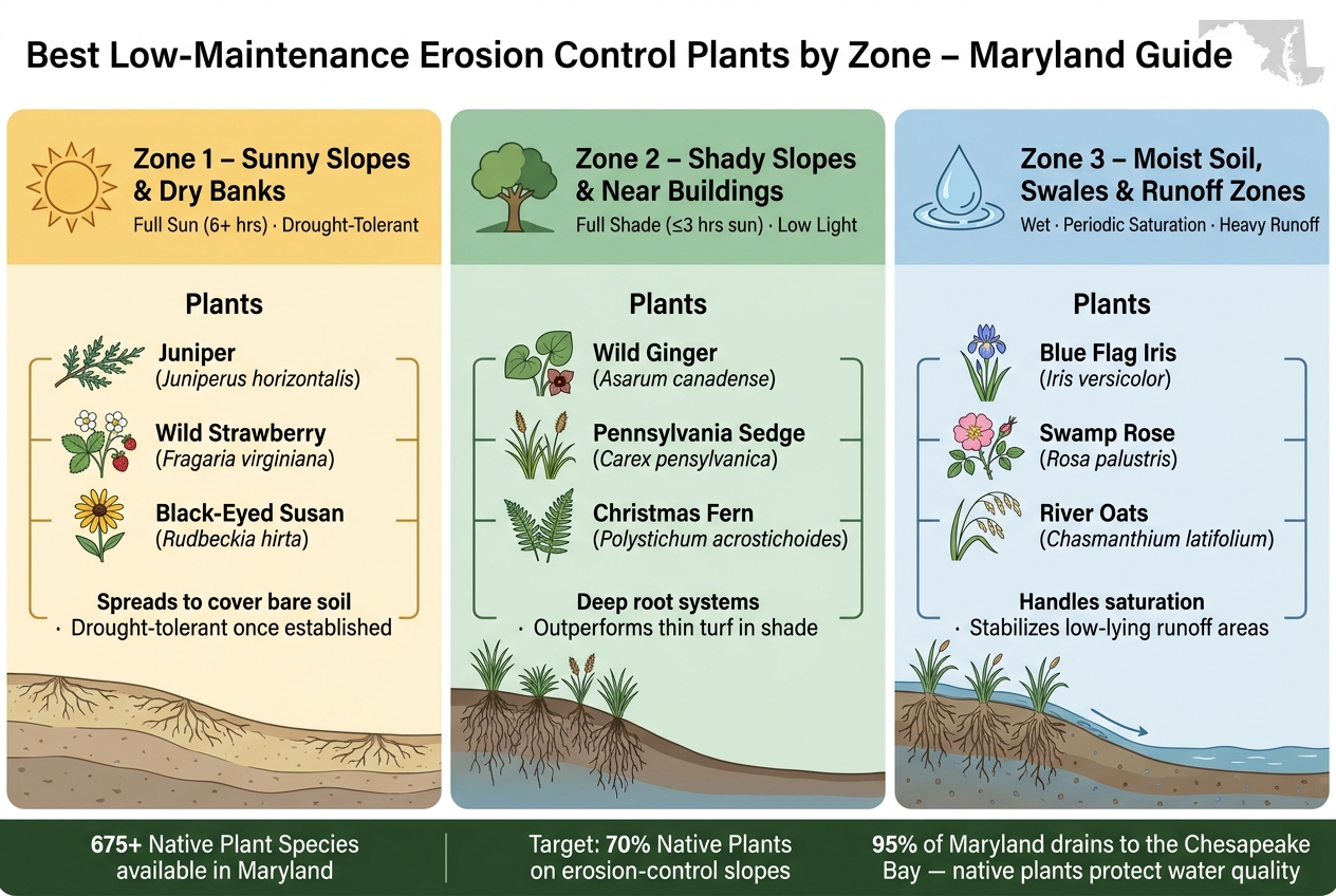 Best Erosion Control Plants by Sun, Shade & Moisture in Maryland