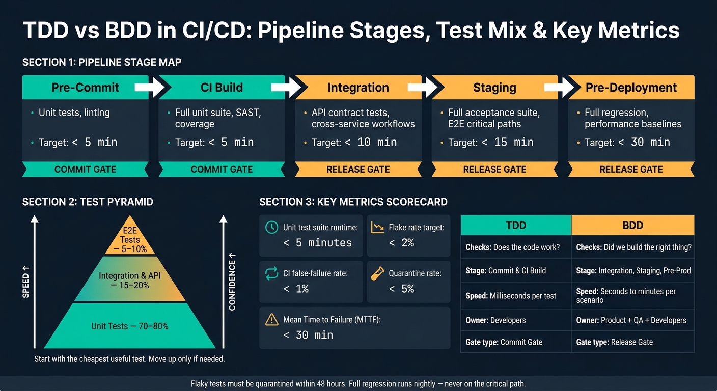 TDD vs BDD in CI/CD: Pipeline Stages, Test Mix & Key Metrics