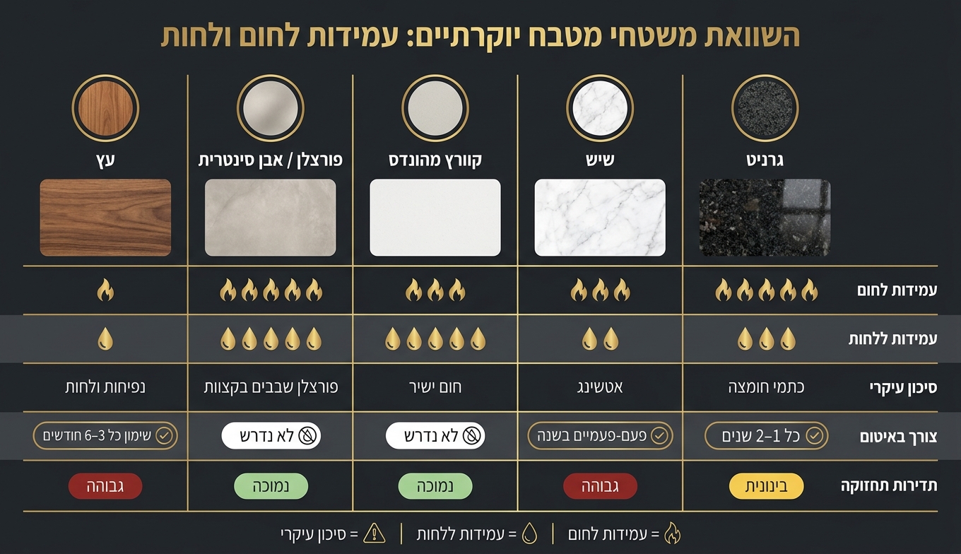 השוואת משטחי מטבח יוקרתיים: עמידות לחום ולחות