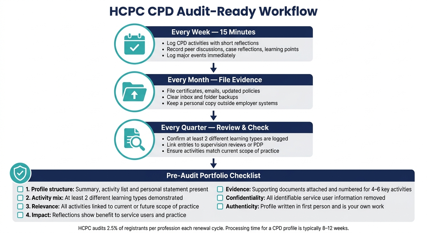 HCPC CPD Audit-Ready Workflow: Weekly, Monthly & Quarterly Routine