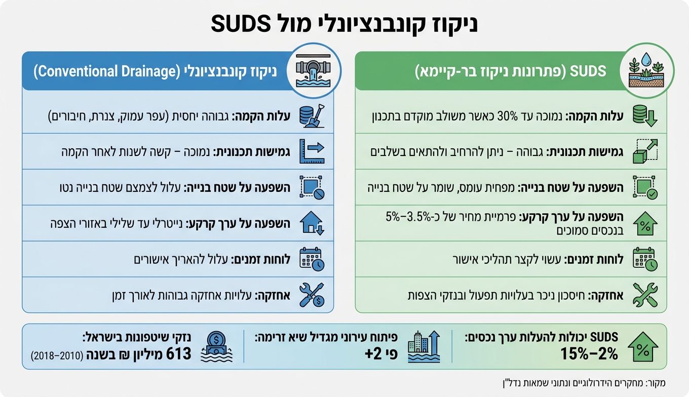 ניקוז קונבנציונלי מול SUDS: השפעה על ערך קרקע ועלויות פיתוח