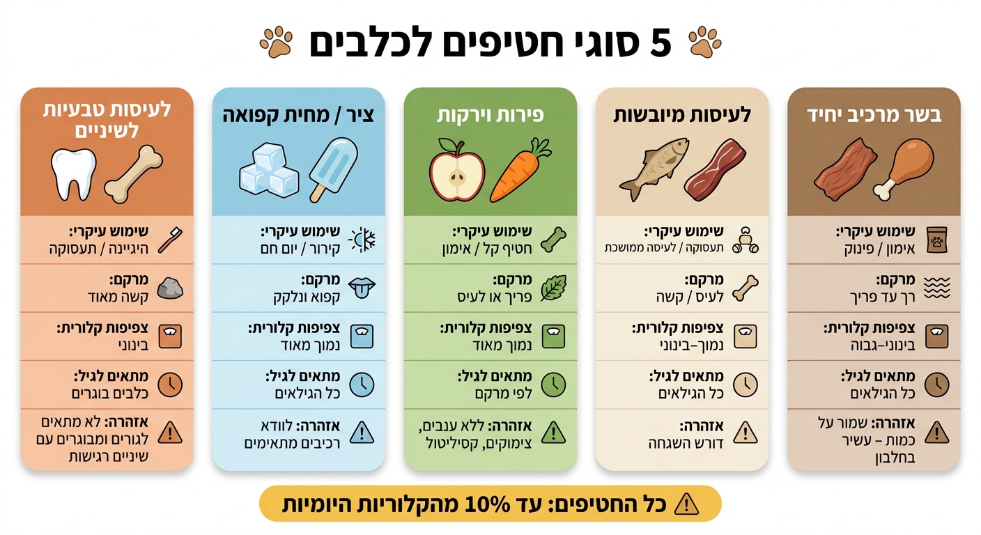 5 סוגי חטיפים לכלבים: השוואה מהירה לפי שימוש, מרקם והתאמה