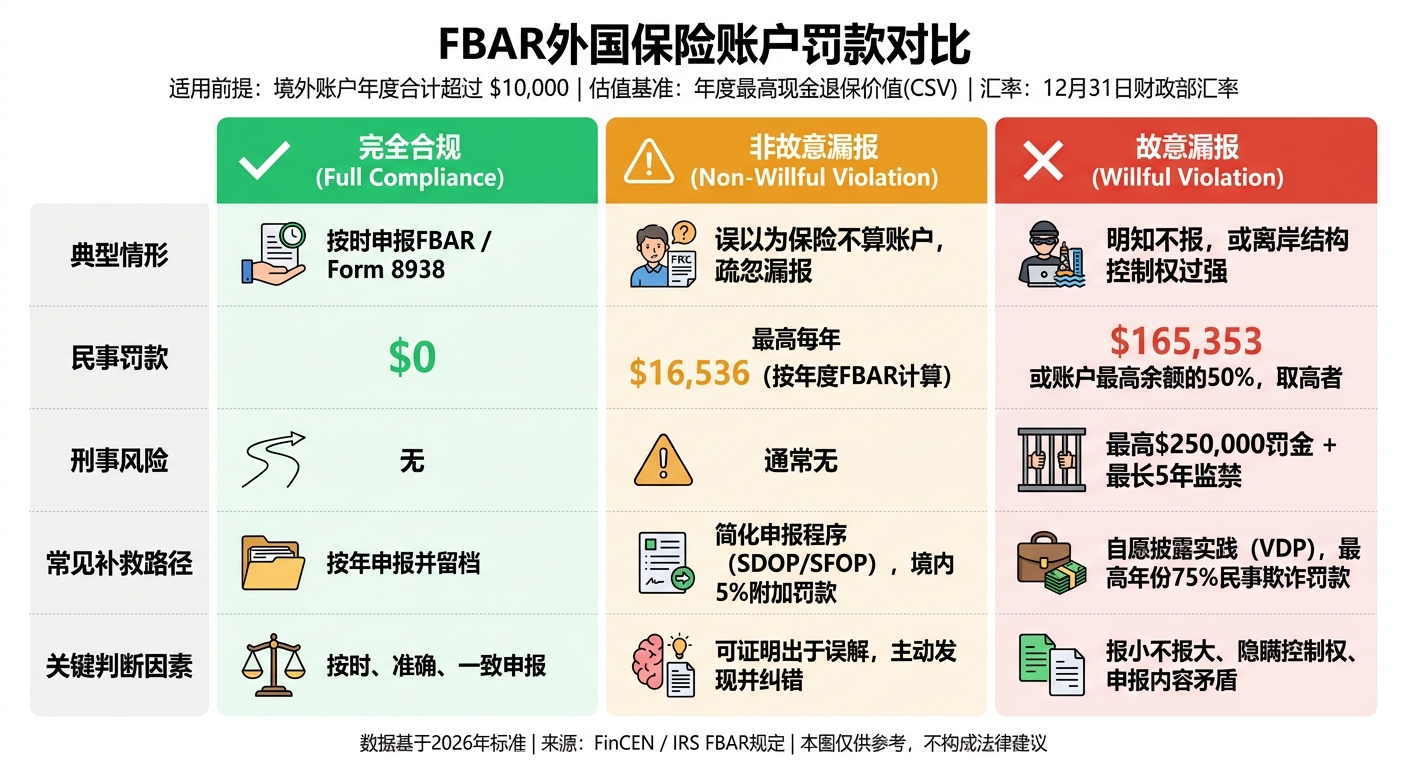 FBAR外国保险账户罚款对比：非故意 vs 故意违规