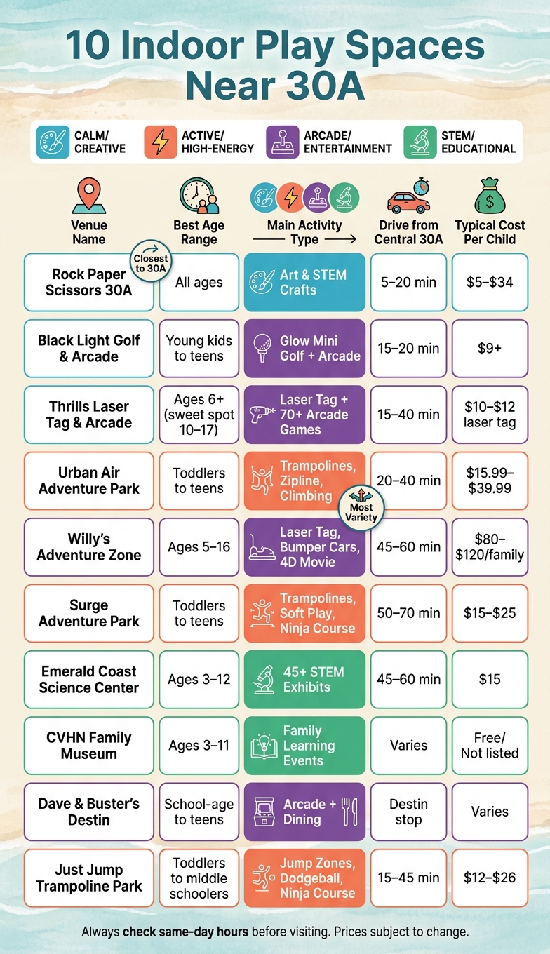 10 Indoor Play Spaces Near 30A: Quick Comparison Guide