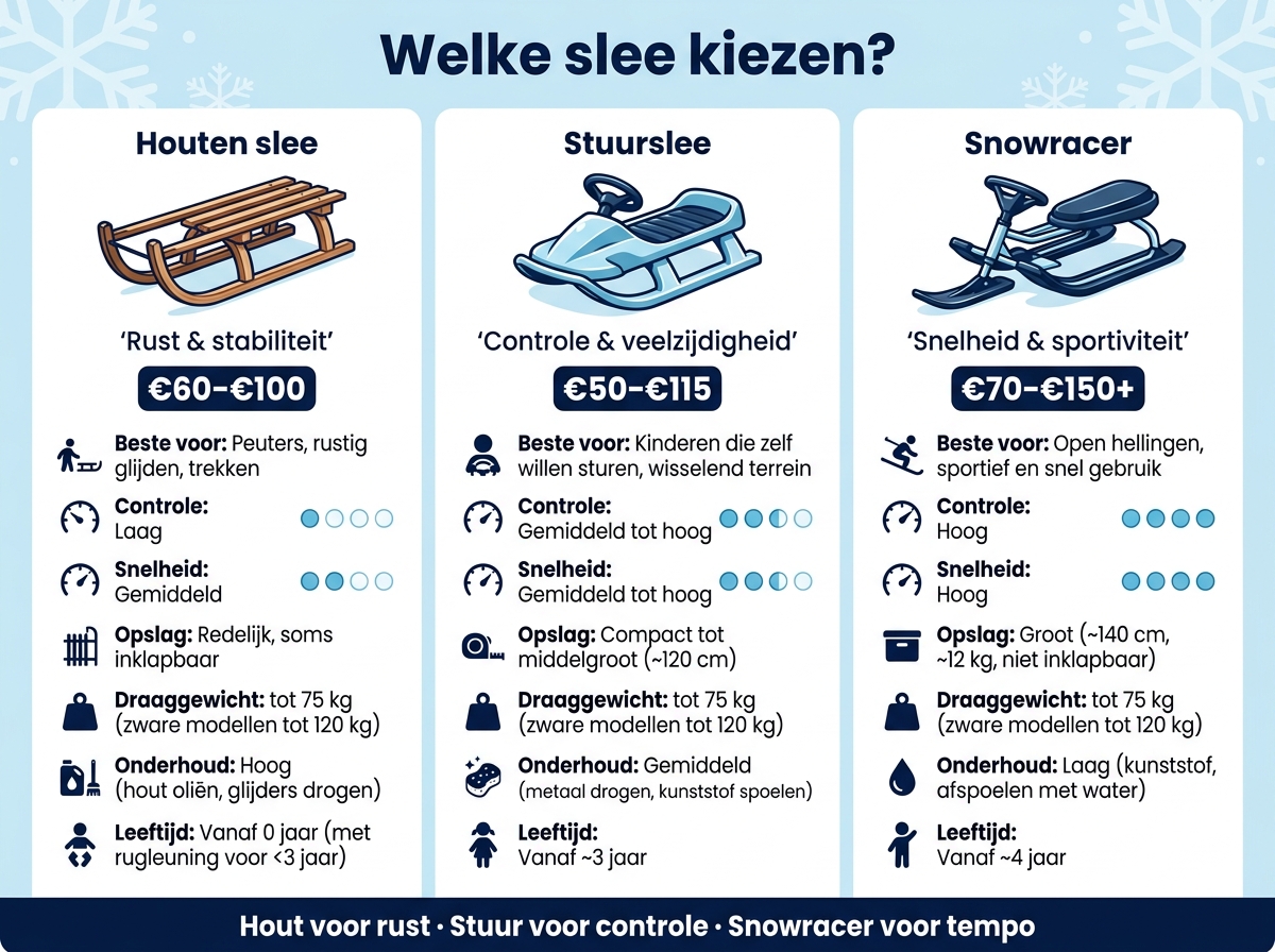 Welke slee kiezen? Houten slee vs. stuurslee vs. snowracer