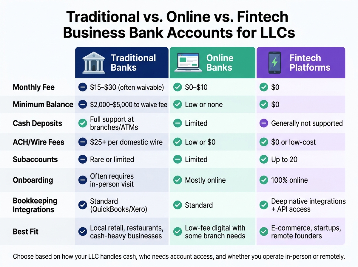 Traditional vs. Online vs. Fintech Business Bank Accounts for LLCs