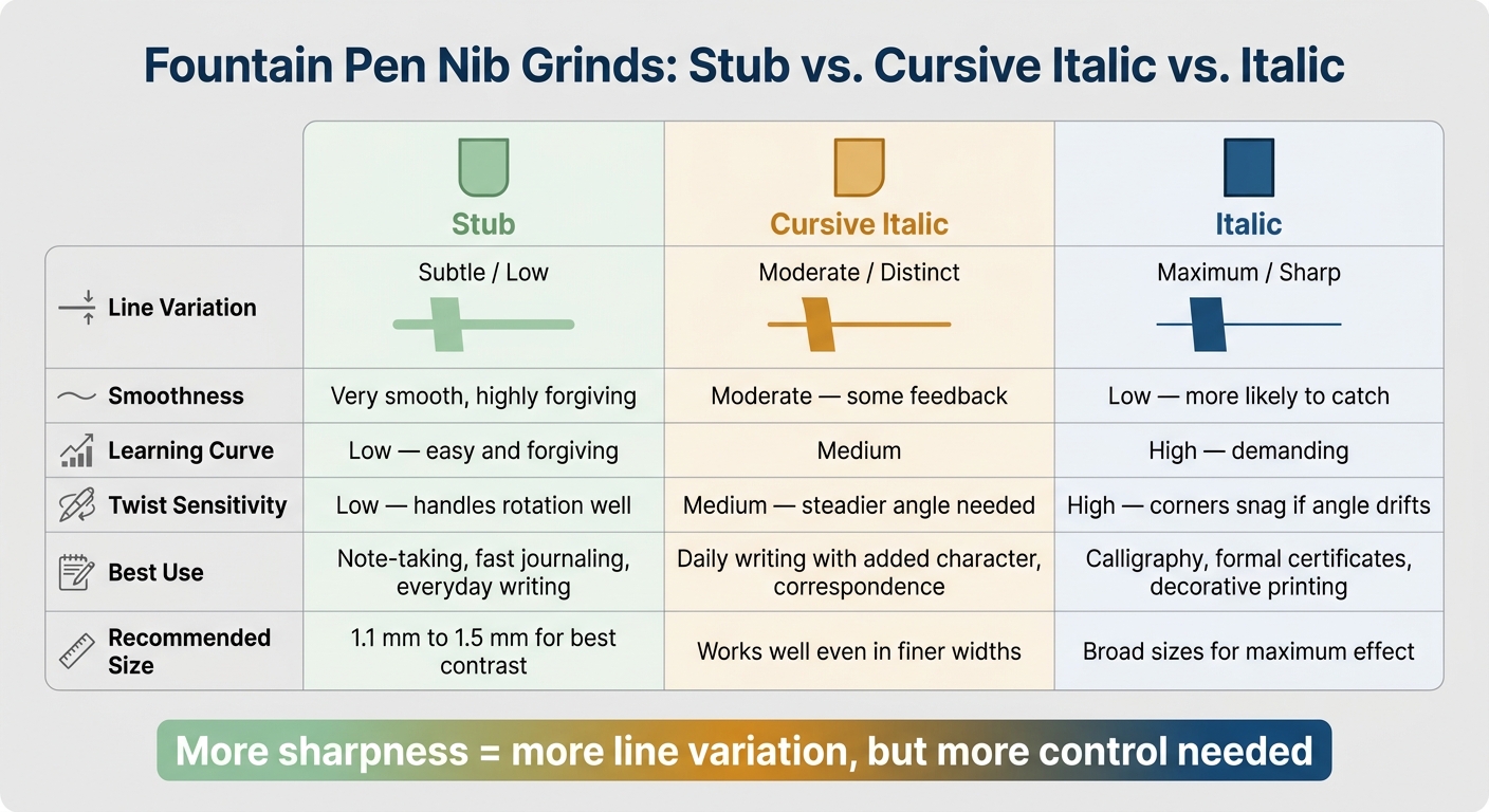 Fountain Pen Nib Grinds Compared: Stub vs. Cursive Italic vs. Italic