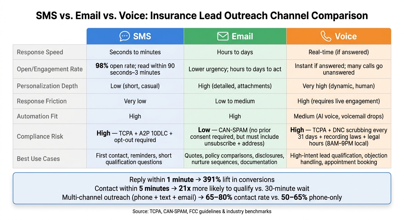 SMS vs. Email vs. Voice: Insurance Lead Outreach Channel Comparison