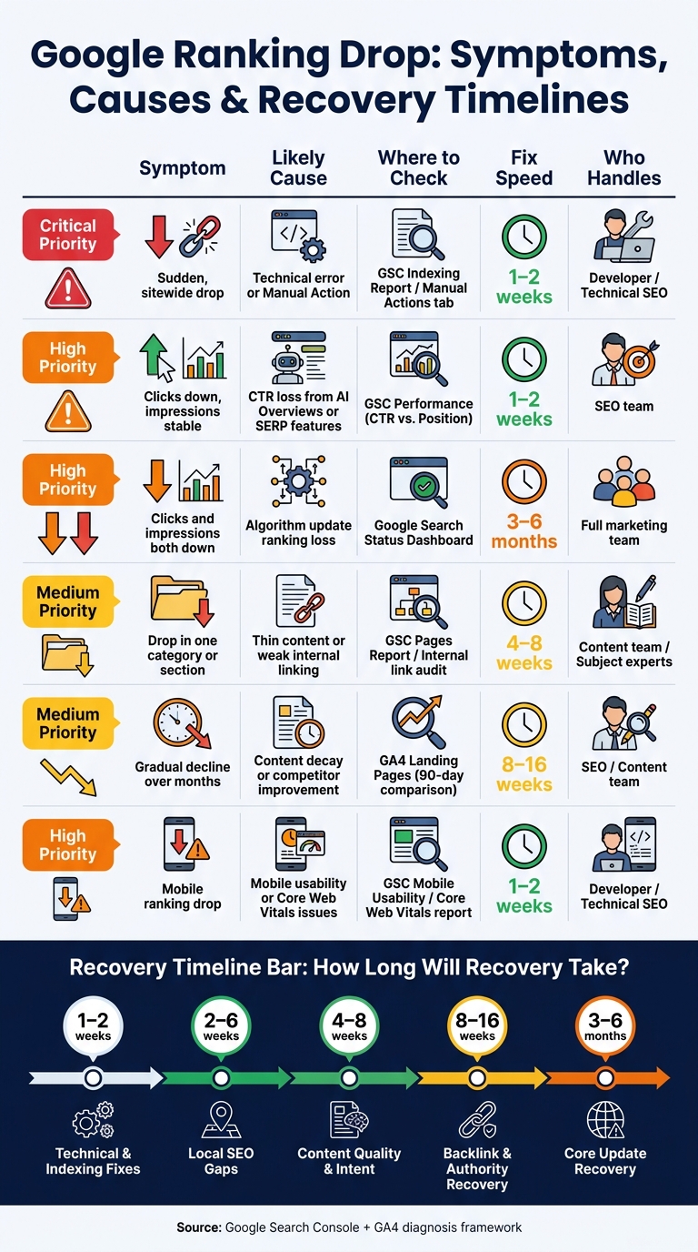 Google Ranking Drop: Symptoms, Causes & Recovery Timelines