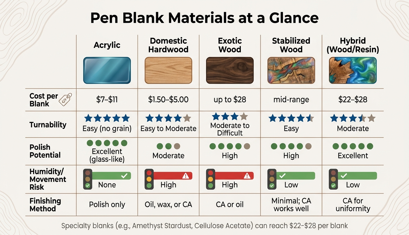 Pen Blank Materials Compared: Cost, Turnability & Finish