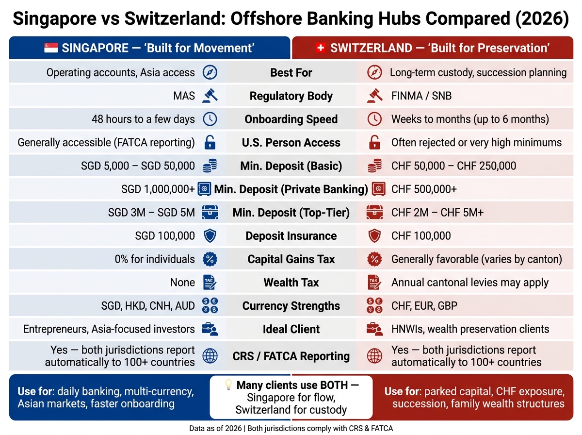 Singapore vs Switzerland Offshore Banking: Side-by-Side Comparison 2026