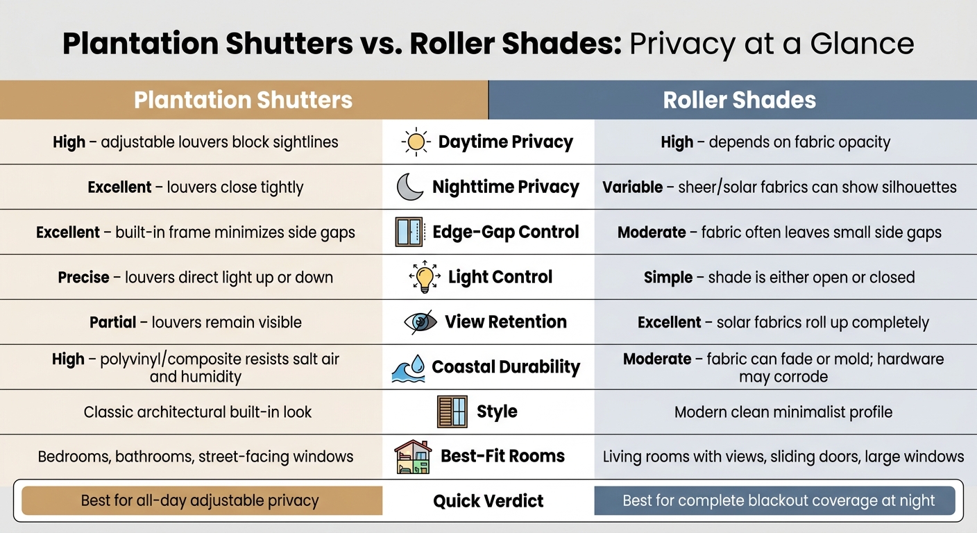 Plantation Shutters vs. Roller Shades: Privacy Comparison Chart