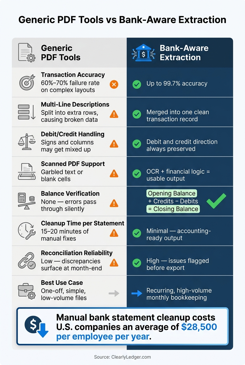 Generic PDF Tools vs Bank-Aware Extraction: Key Metrics Compared