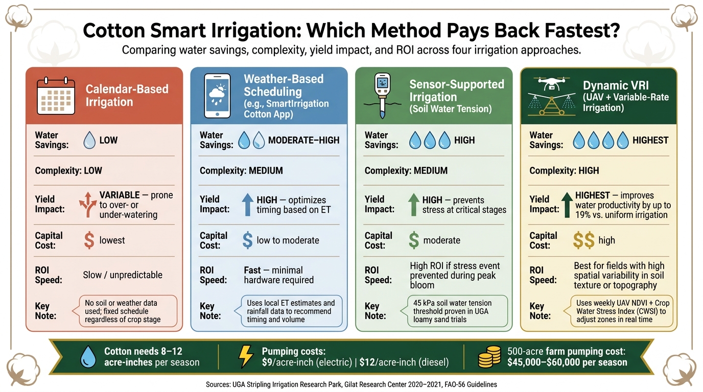 Cotton Smart Irrigation Methods: Water Savings, Cost & ROI Compared
