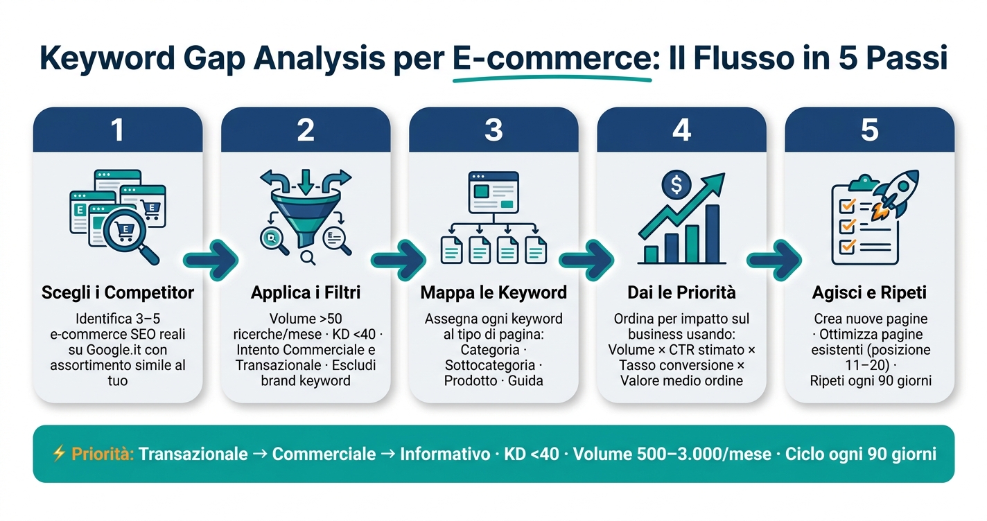 Keyword gap analysis: guida per e-commerce 1 Keyword gap analysis per e-commerce: il flusso in 5 passi