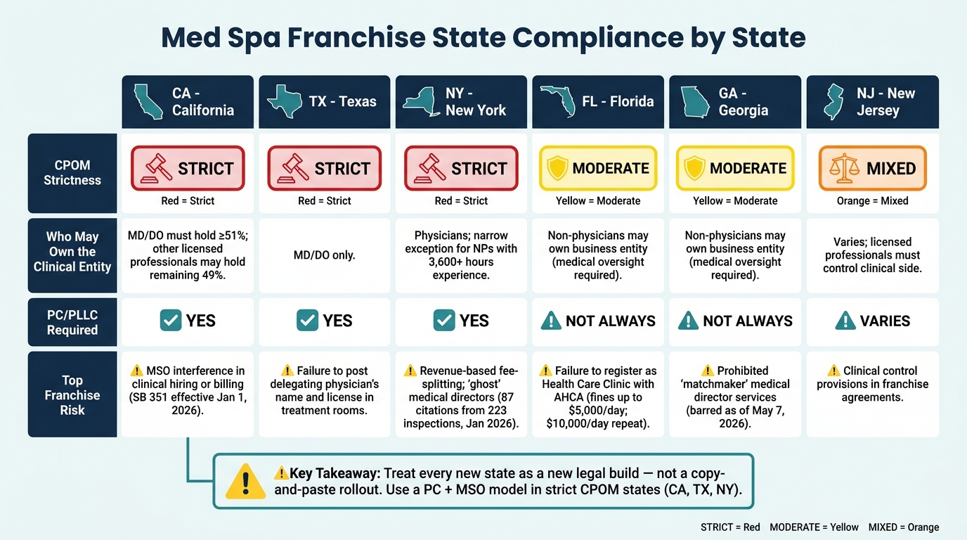 Med Spa Franchise State Compliance: Ownership, Supervision & Fee Rules at a Glance