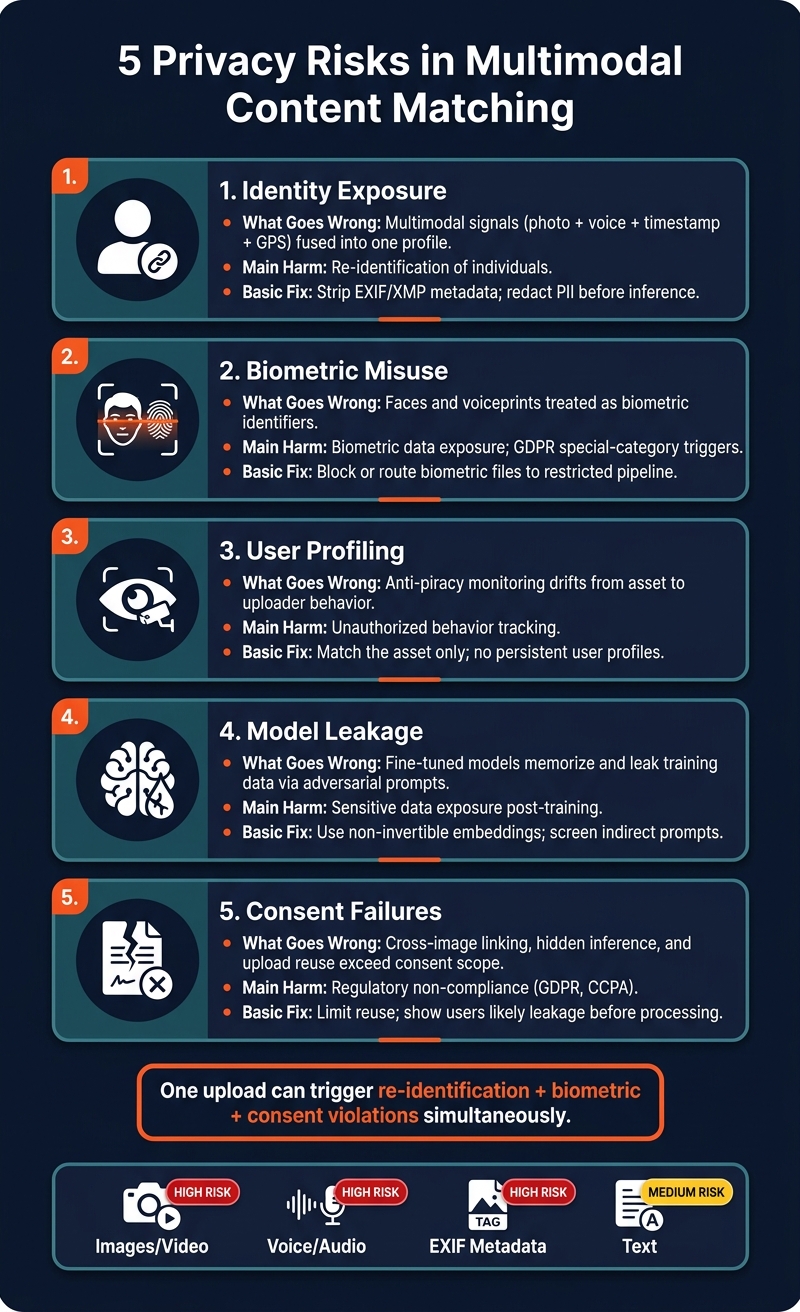 5 Privacy Risks in Multimodal Content Matching: Risks & Fixes