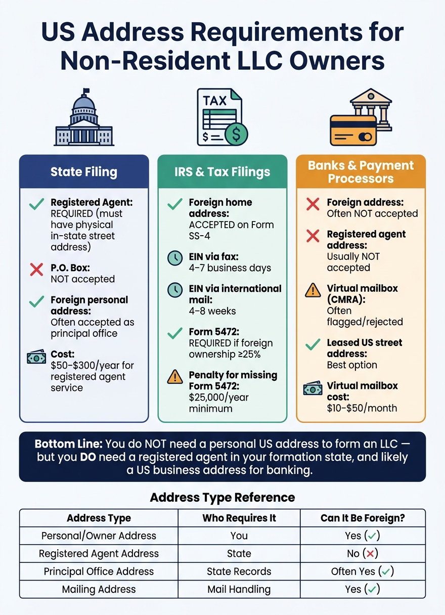 US Address Requirements for Non-Resident LLC Owners: State vs IRS vs Bank