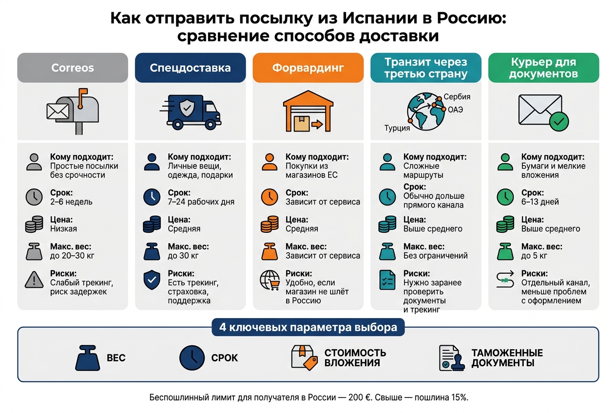 Способы доставки посылок из Испании в Россию: сравнение вариантов 2026