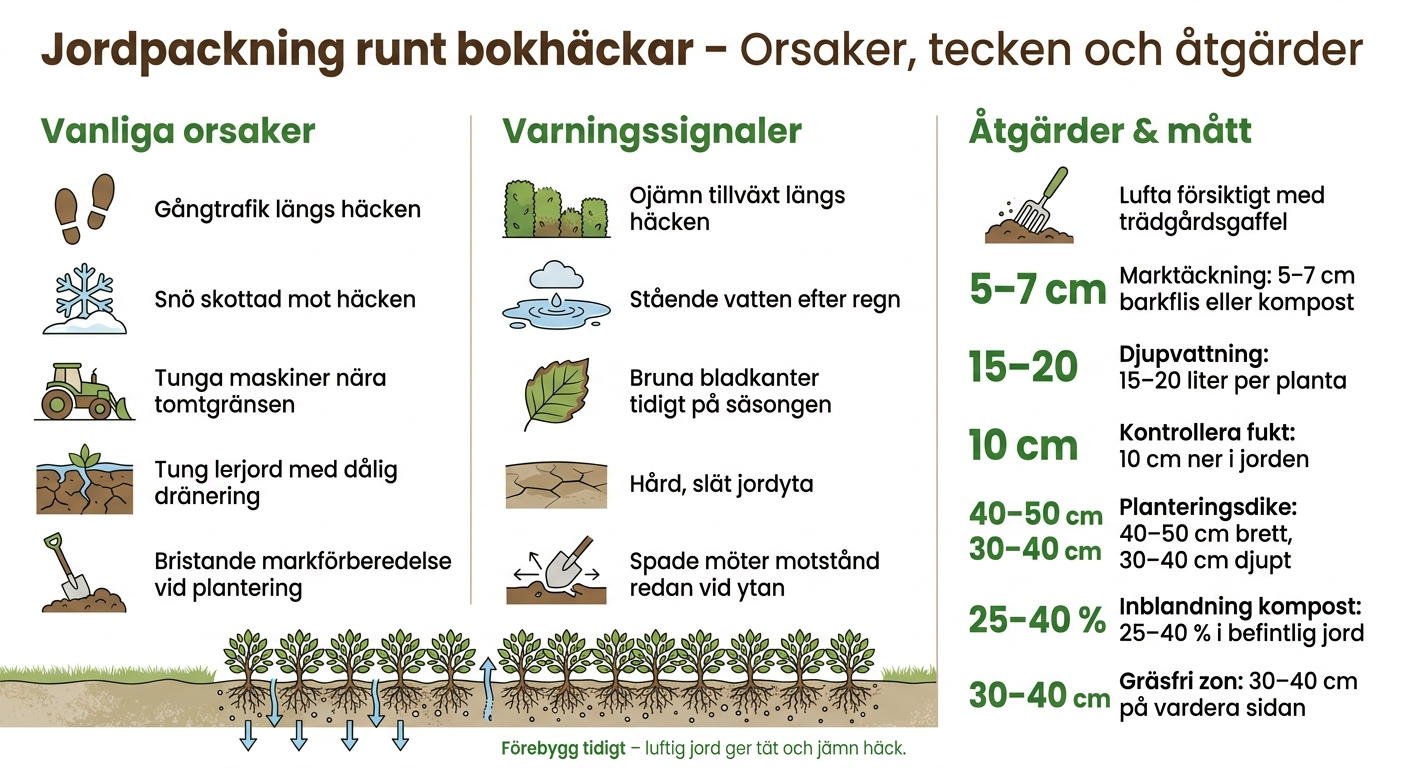 Jordpackning runt bokhäckar: Orsaker, tecken och åtgärder