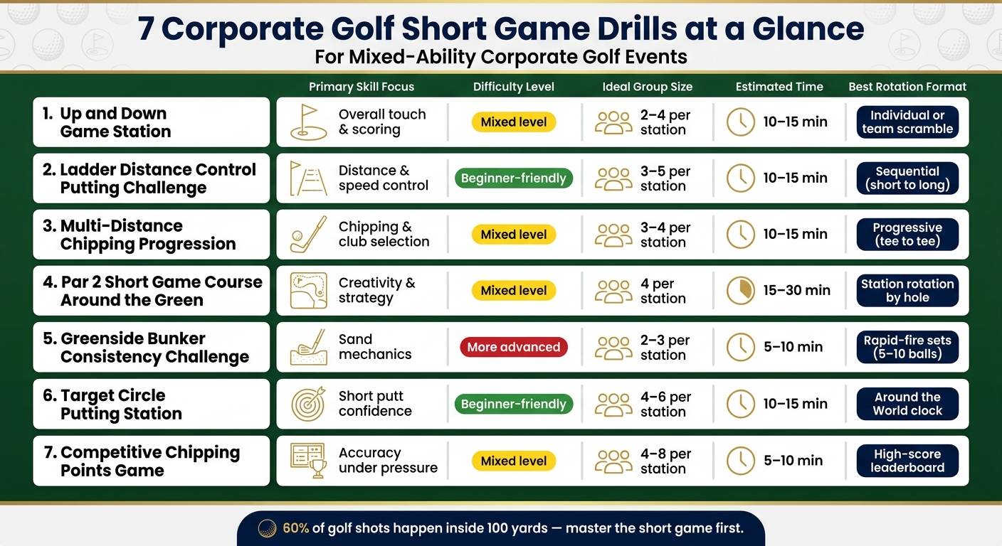 7 Corporate Golf Short Game Drills: Skills, Time & Group Size at a Glance