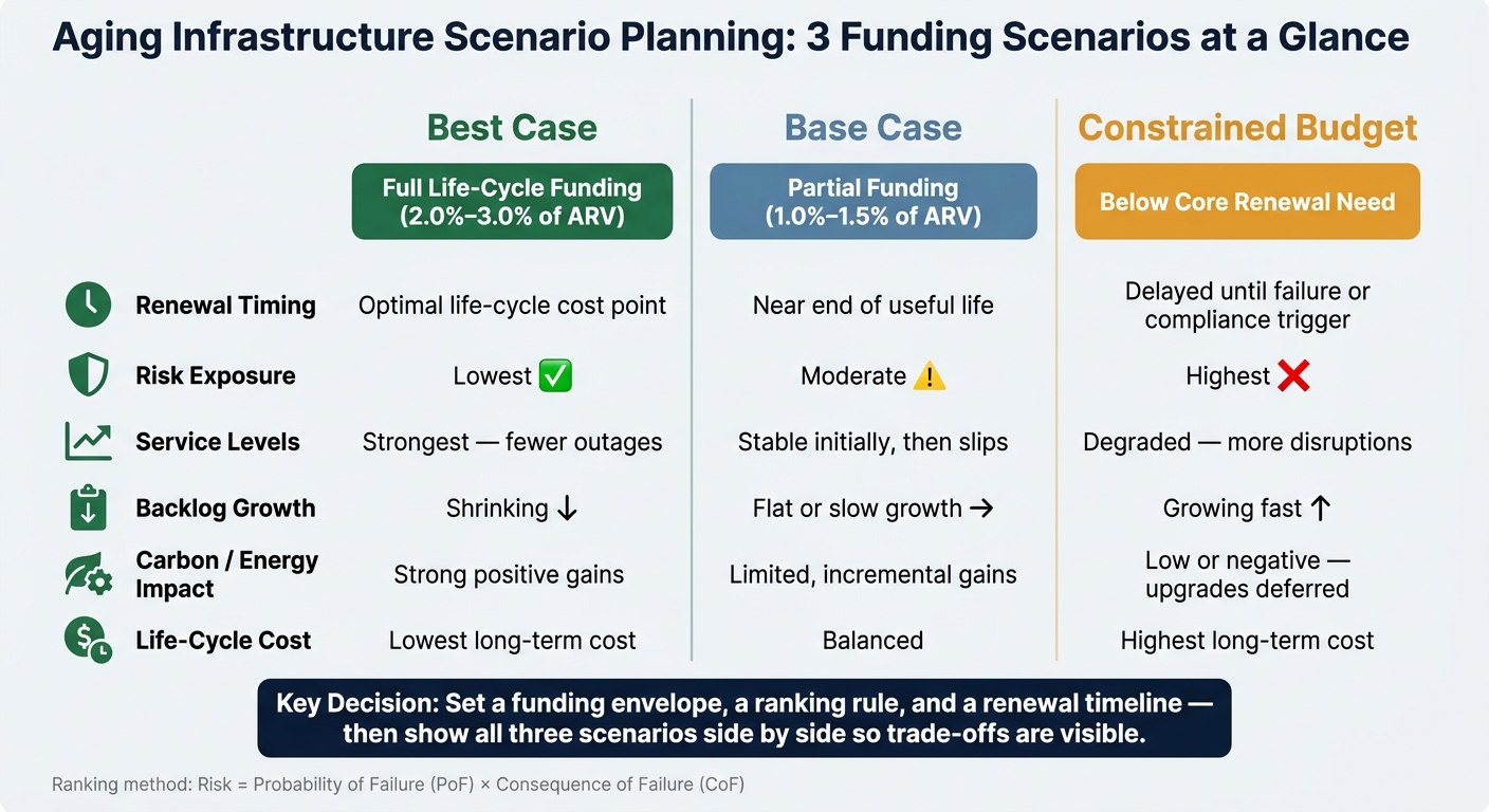 Pianificazione degli scenari relativi all'invecchiamento delle infrastrutture: scenario ottimistico, scenario di base e scenario con budget limitato
