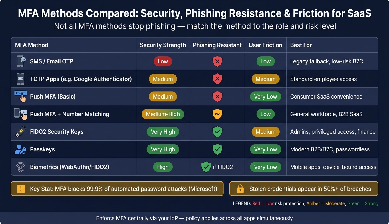 MFA Methods Compared: Security, Phishing Resistance & Friction for SaaS