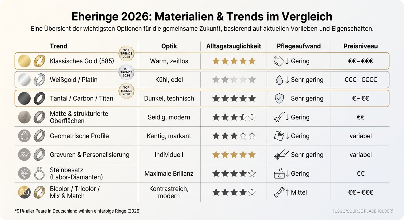 Eheringe 2026: Materialien & Trends im Vergleich