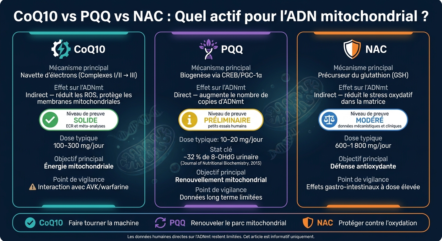 CoQ10 vs PQQ vs NAC : comparaison pour l'ADN mitochondrial