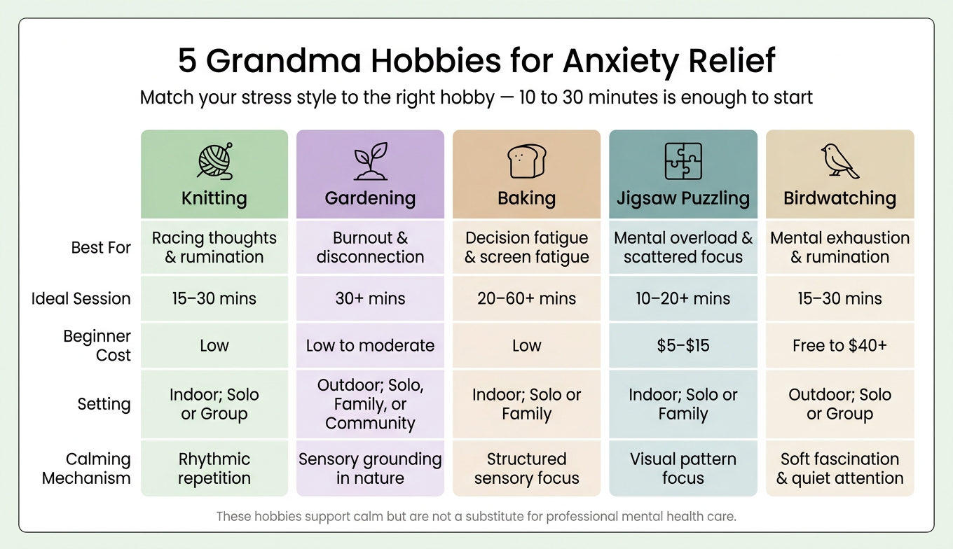 5 Grandma Hobbies for Anxiety Relief: Quick Comparison Guide
