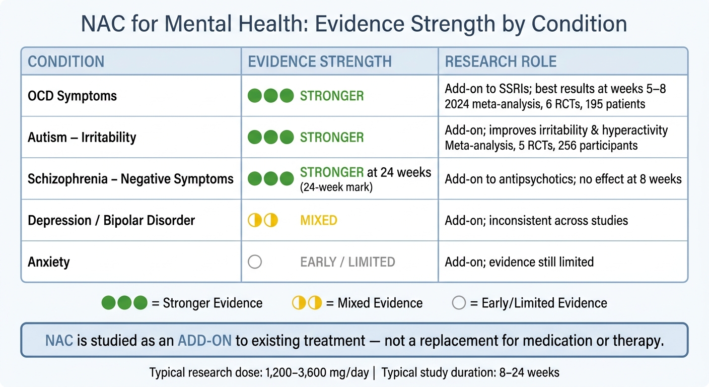 NAC for Mental Health: Evidence Strength by Condition