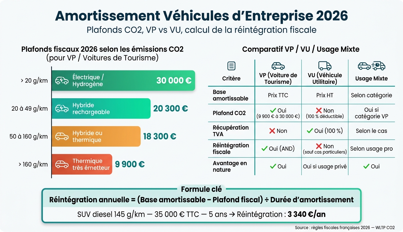 Plafonds d'amortissement véhicules 2026 : VP vs VU selon les émissions CO2