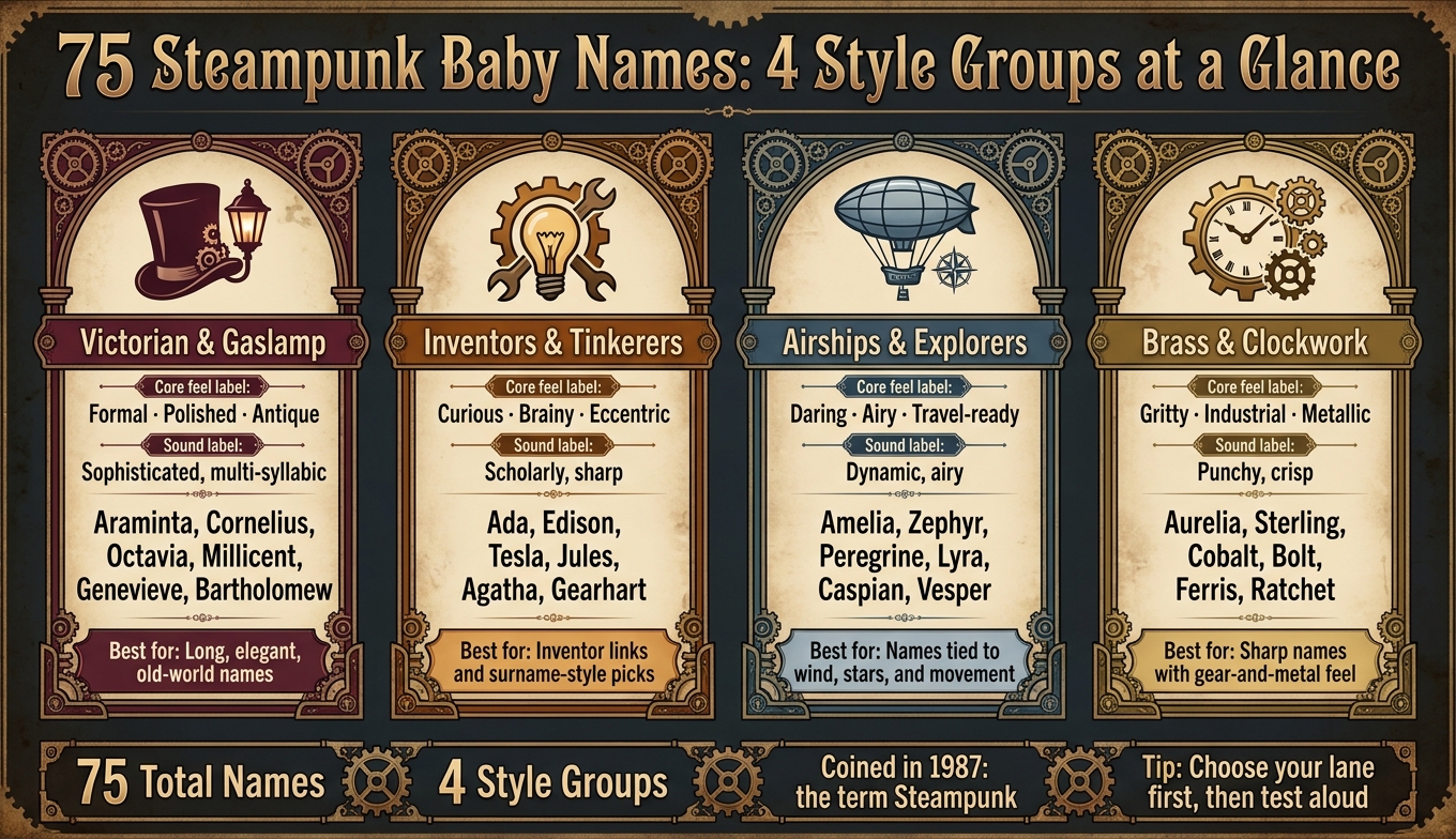 75 Steampunk Baby Names: 4 Style Groups at a Glance