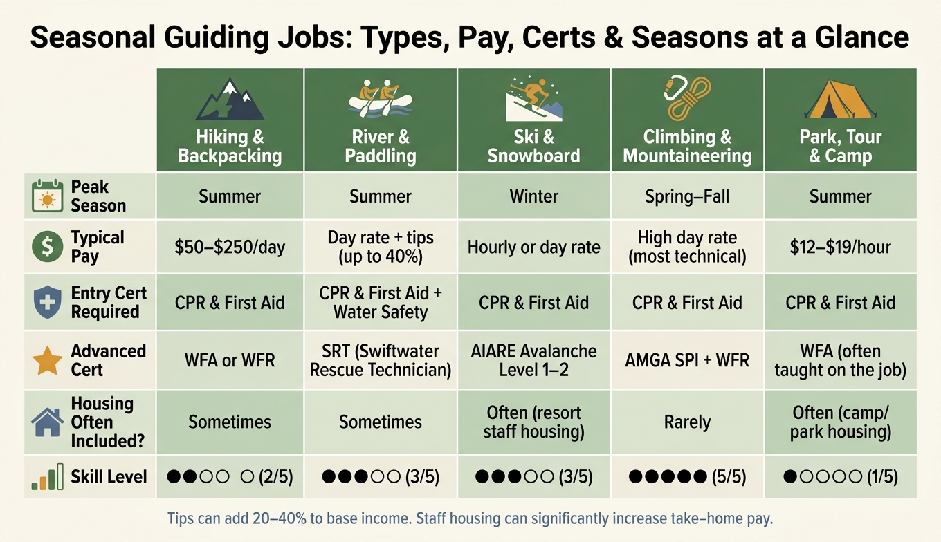Seasonal Guiding Jobs: Types, Pay, Certs & Seasons at a Glance