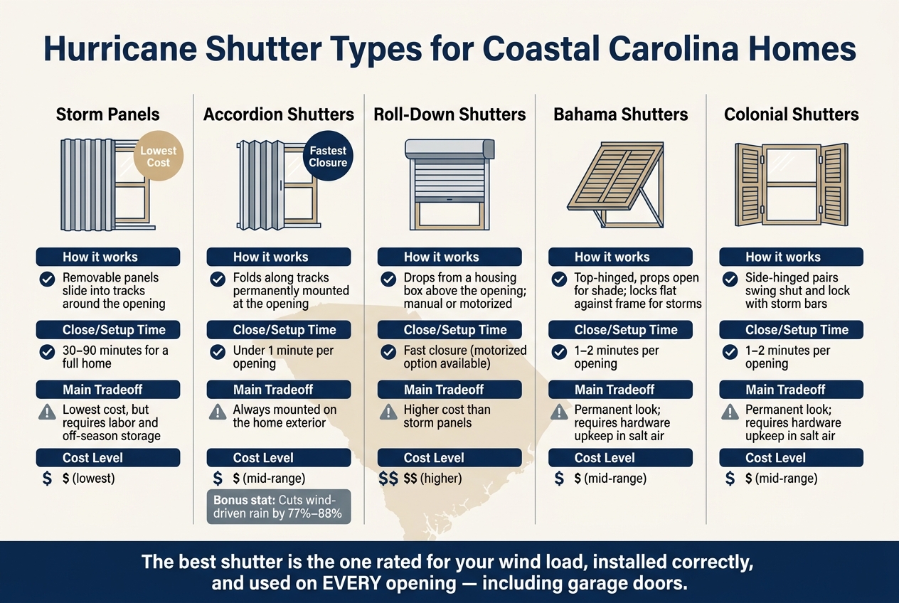 Hurricane Shutter Types for Coastal Carolina Homes: Side-by-Side Comparison