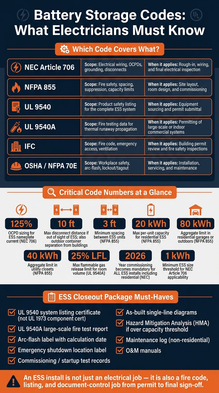 Battery Storage Codes Cheat Sheet: NEC 706, NFPA 855, UL 9540 & More