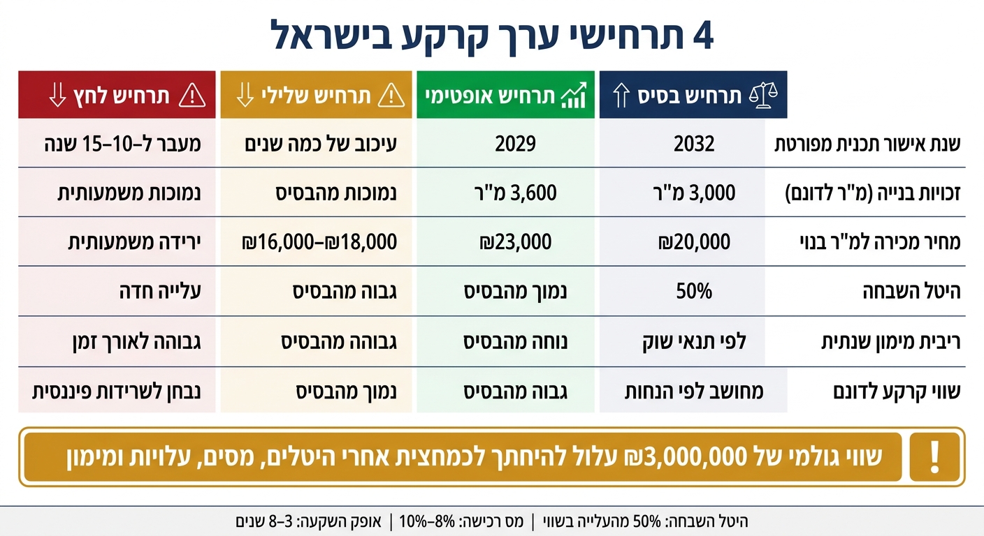 4 תרחישי ערך קרקע בישראל: בסיס, אופטימי, שלילי ולחץ