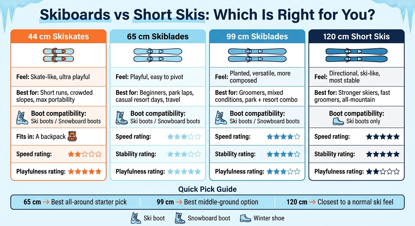 Skiboards vs Short Skis: Size, Feel & Best Use at a Glance