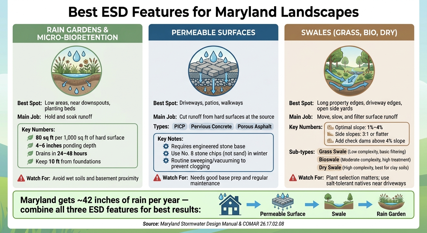 Maryland ESD Features Compared: Rain Gardens, Permeable Surfaces & Swales
