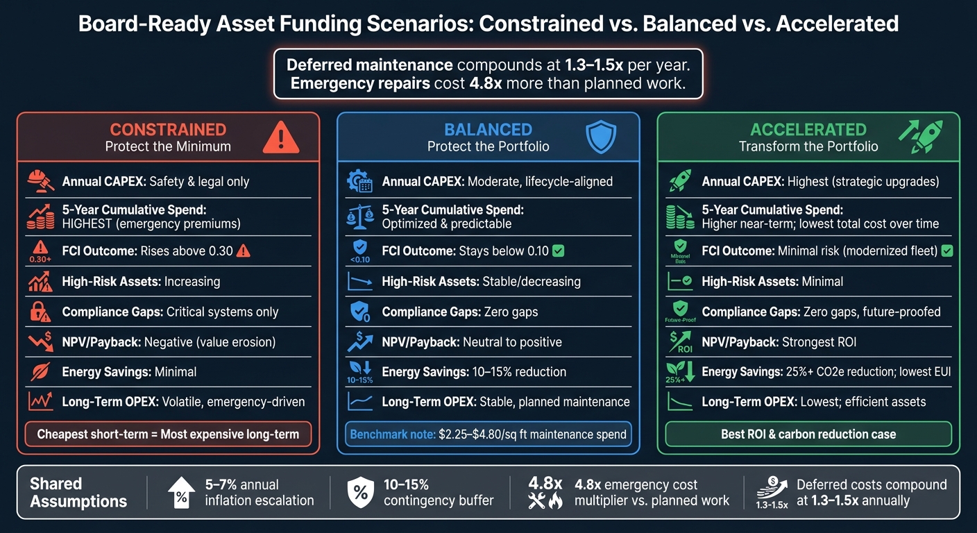 Board-Ready Asset Reporting: 3 Funding Scenarios Compared