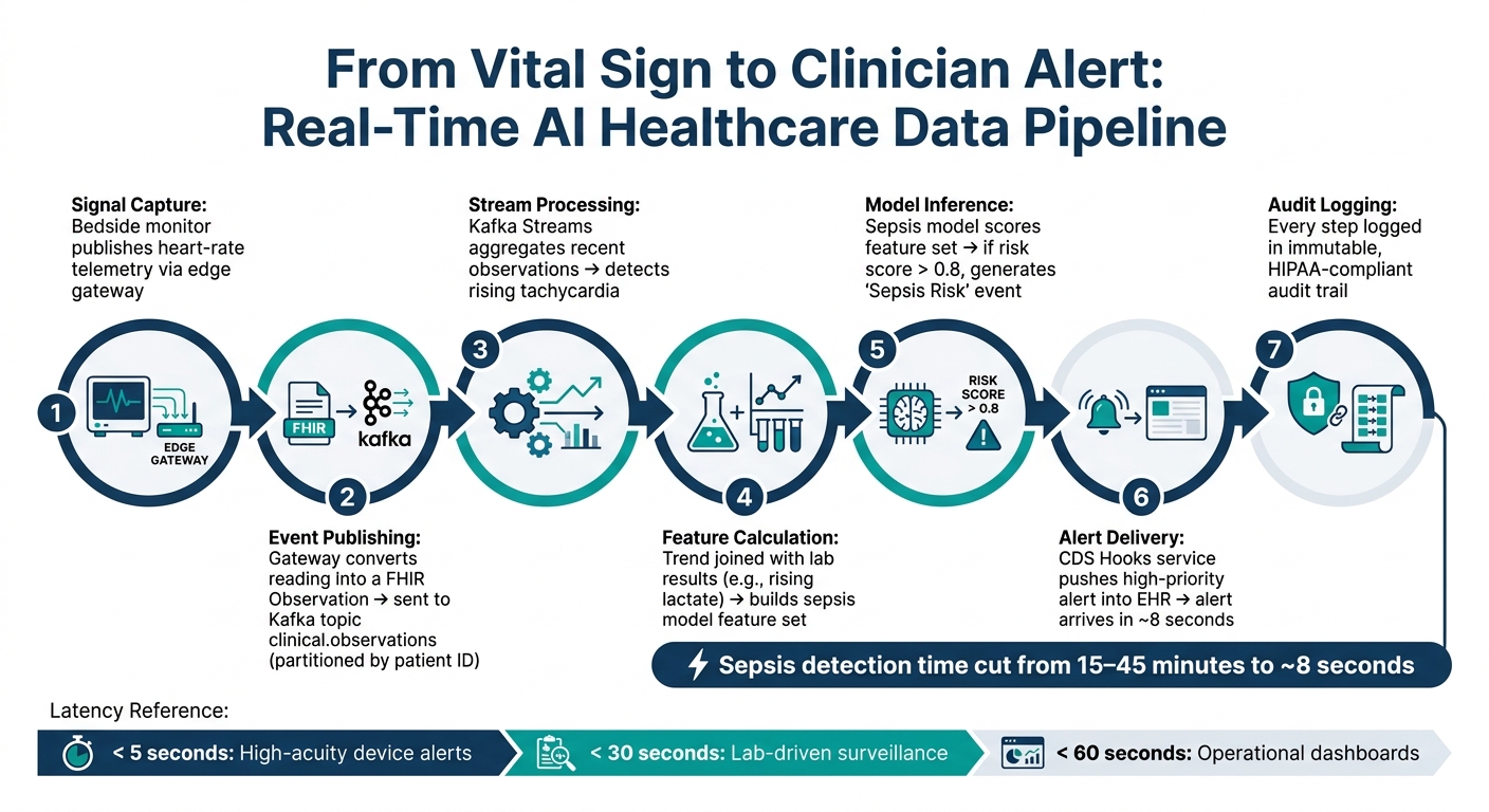 From Vital Sign to Clinician Alert: Real-Time AI Healthcare Data Pipeline