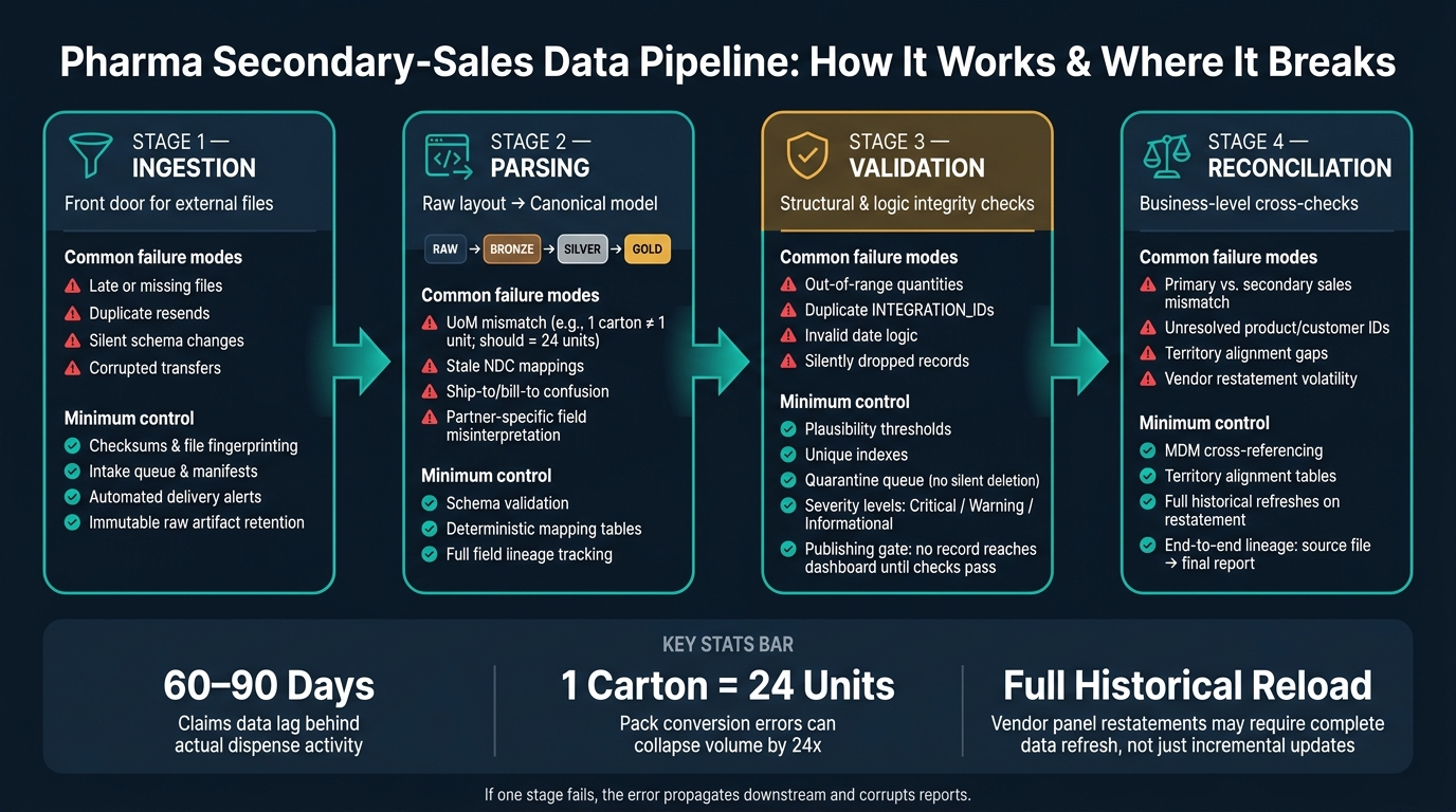 Pharma Secondary-Sales Data Pipeline: 4 Stages, Key Failures & Controls