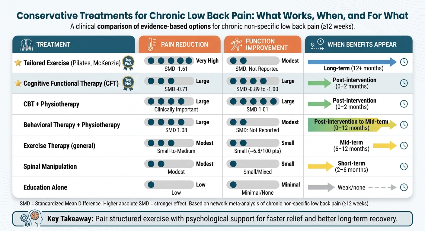 Conservative Treatments for Chronic Low Back Pain: Pain vs. Function vs. Timing