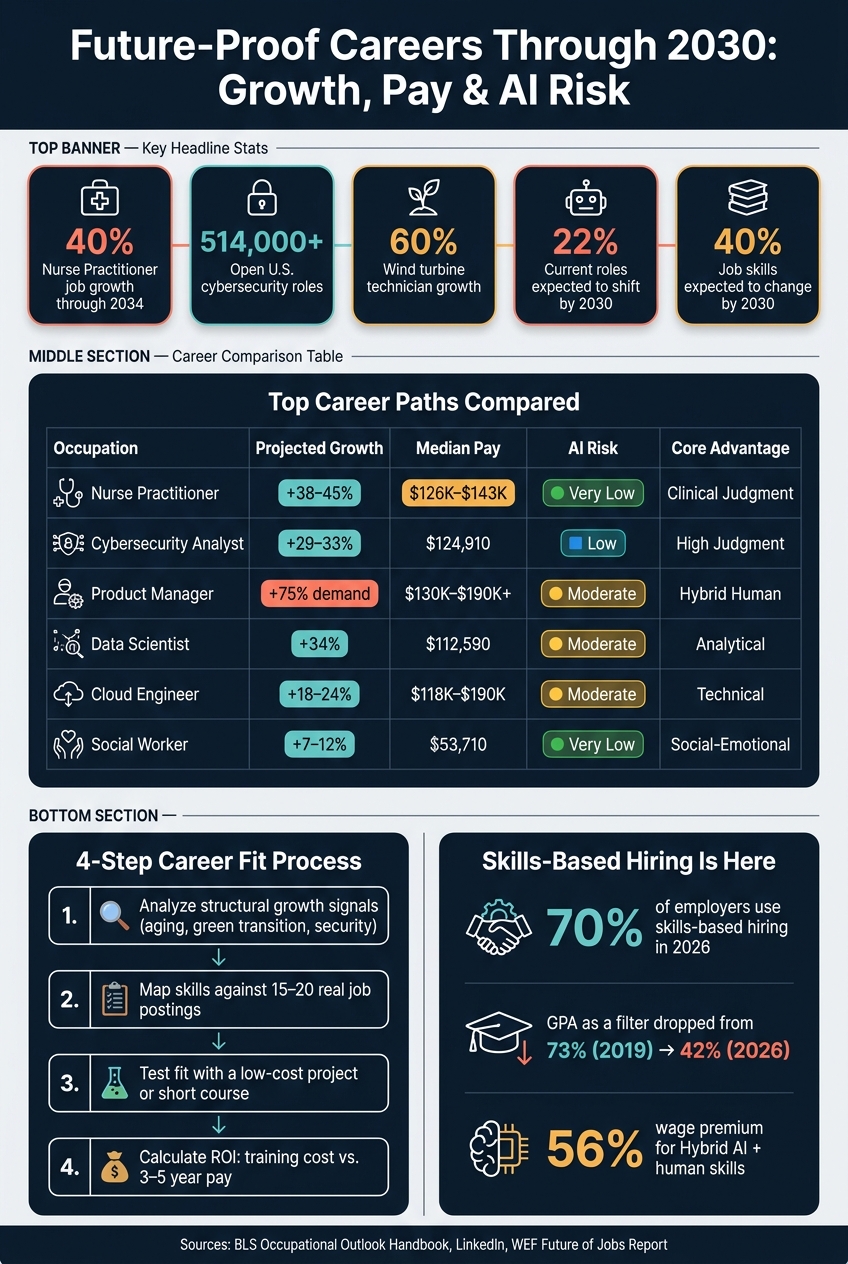Future-Proof Careers 2030: Growth, Pay & AI Risk at a Glance