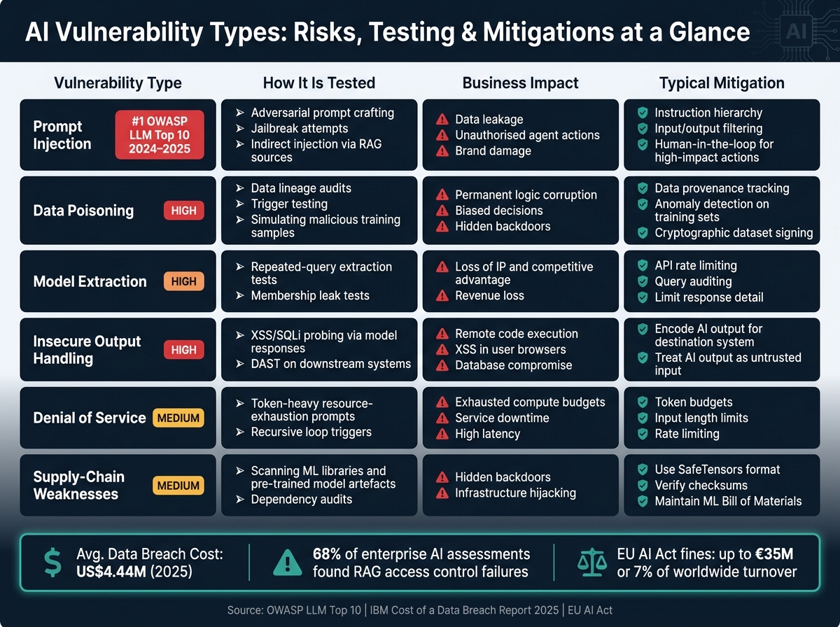 AI Vulnerability Types: Risks, Testing & Mitigations at a Glance